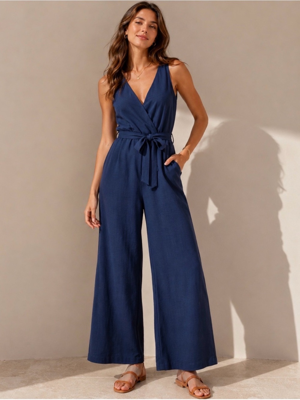 MSK Navy Blue Wide Leg Wrap Jumpsuit Tie Waist Back Zip Size M